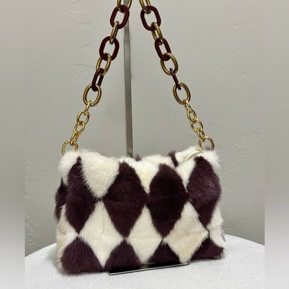 Checkerboard Real Mink Fur Handmade Clutch, Colorblock Mink Fur Multi Use Bag - Picture 1 of 15